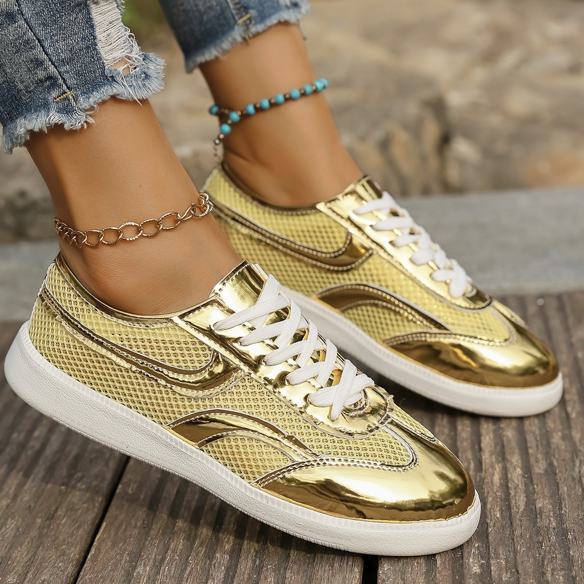 Knit Fabric Lace Up Sneakers - Novos tênis femininos respirável malha sapatos