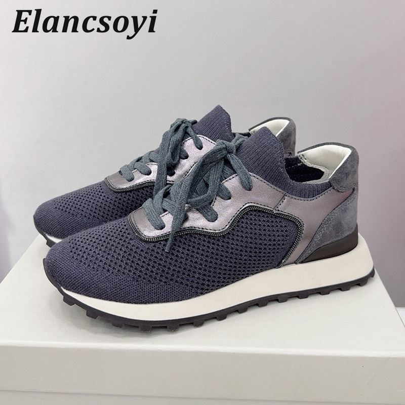 Knit Fabric Lace Up Sneakers - Sapatos planos femininos corda grânulo tricô