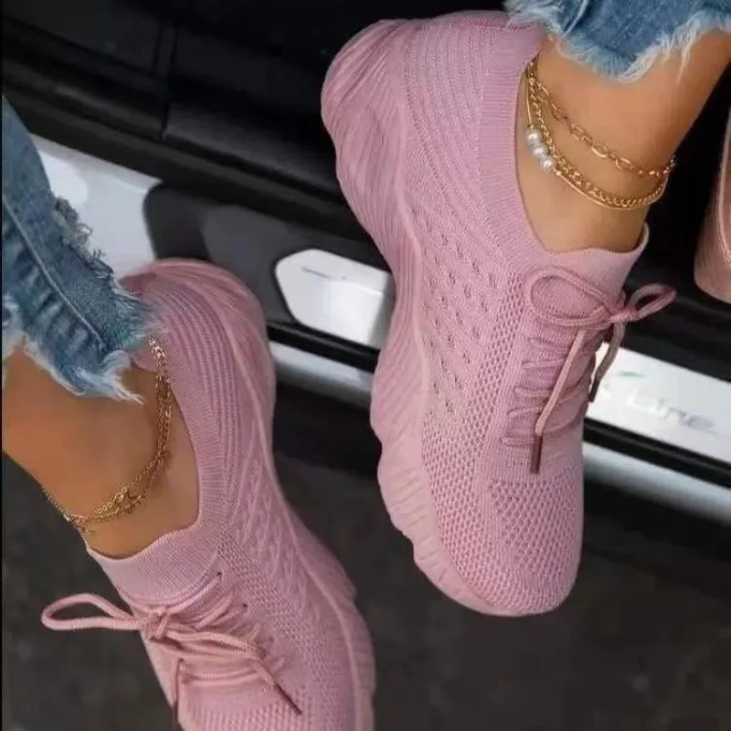 Knit Fabric Lace Up Sneakers - Tênis femininos casuais de malha respirável