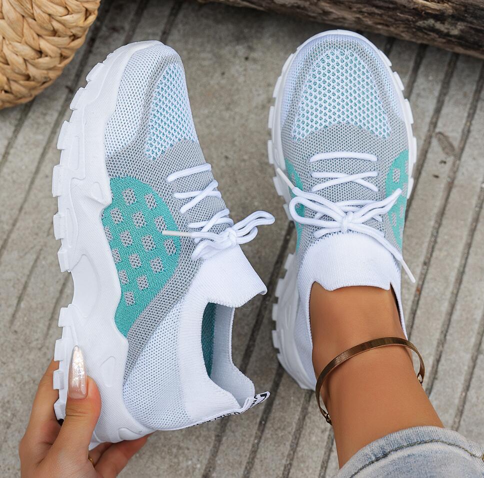 Knit Fabric Lace Up Sneakers - Tênis Esportivos Femininos Respiráveis em Malha,