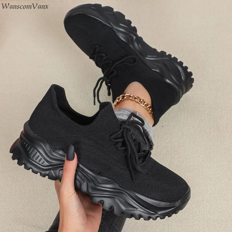 Knit Fabric Lace Up Sneakers - Tênis Plataforma Chunky da Moda para