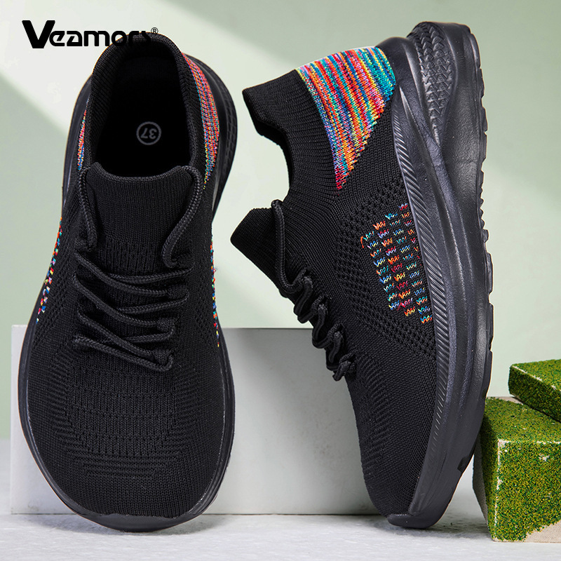 Knit Fabric Lace Up Sneakers - Tênis de malha respirável para mulheres,