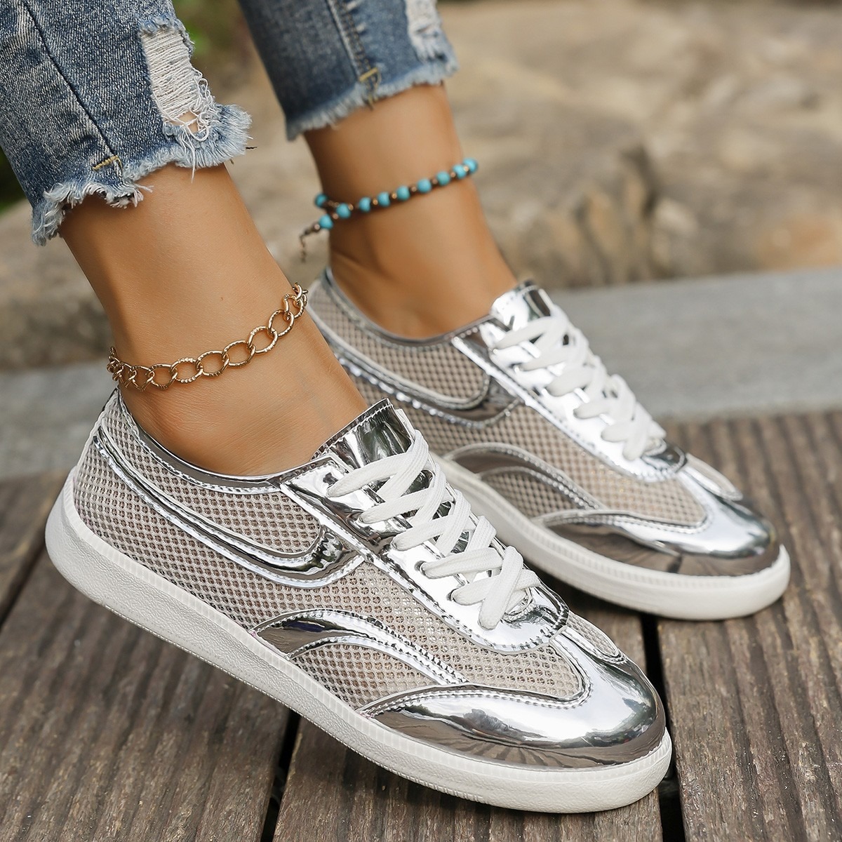 Novos tênis femininos respiráv - Knit Fabric Lace Up Sneakers avaliação e preço