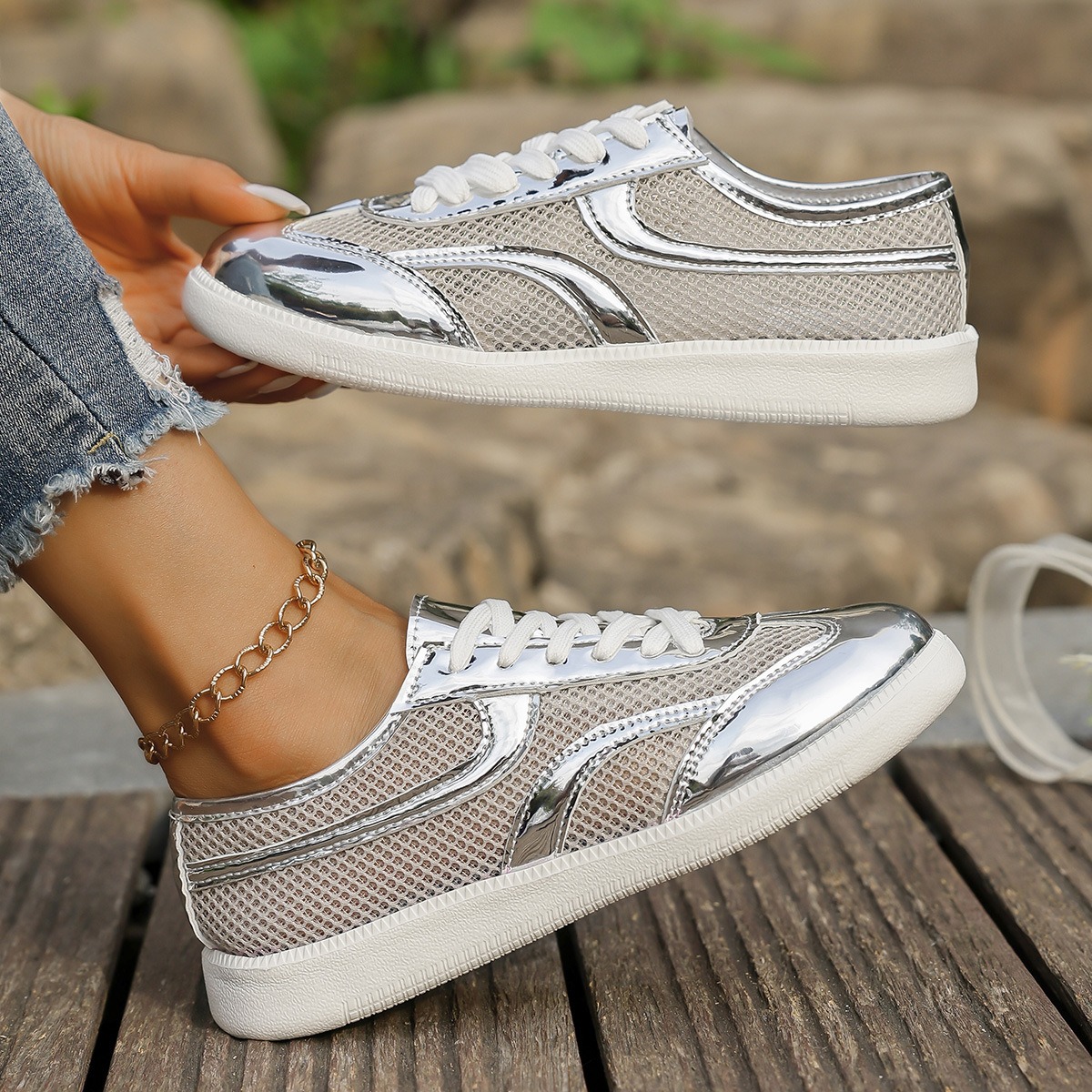 Novos tênis femininos respiráv - Knit Fabric Lace Up Sneakers avaliação e preço