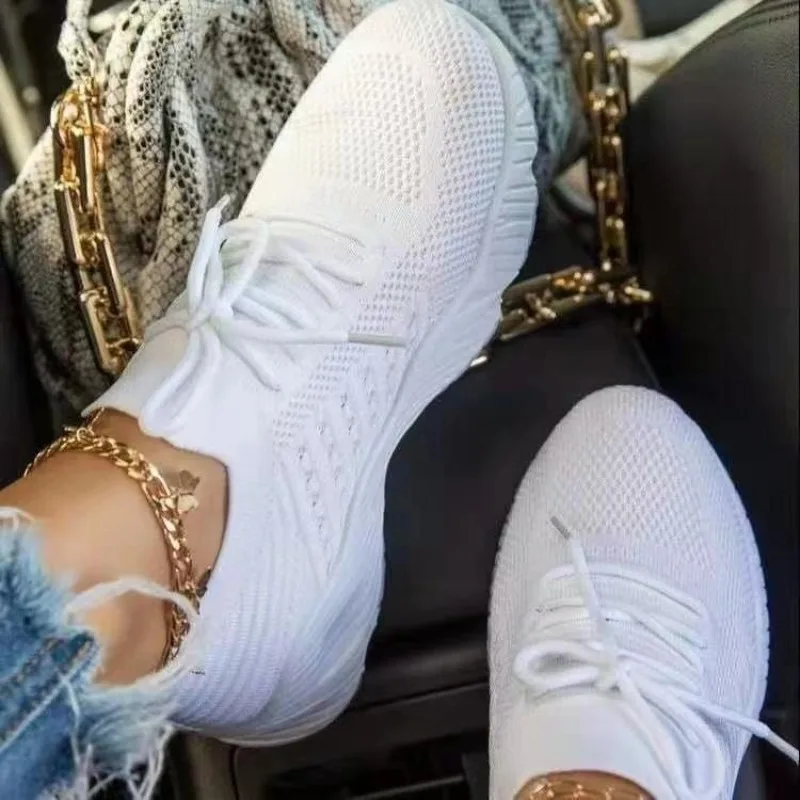 Tênis femininos casuais de mal - Knit Fabric Lace Up Sneakers avaliação e preço