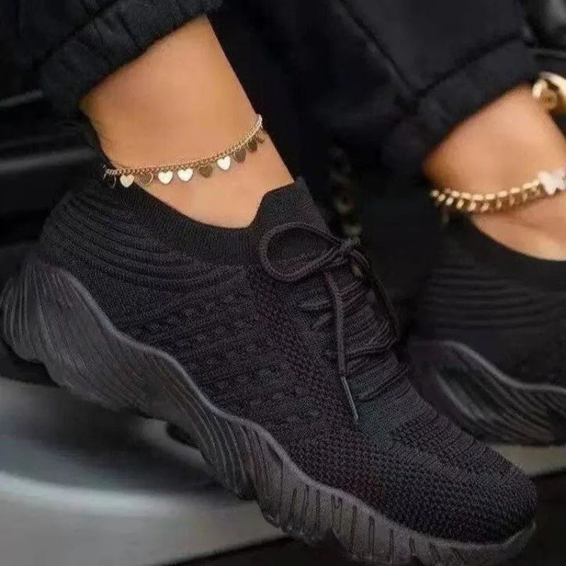 Tênis femininos casuais de mal - Knit Fabric Lace Up Sneakers avaliação e preço