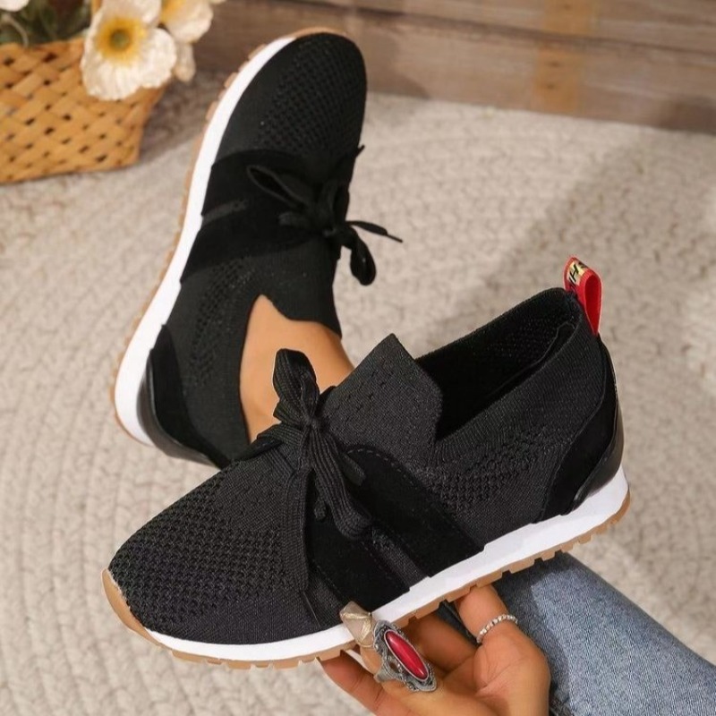 Novo preto malha respirável da - Knit Fabric Lace Up Sneakers avaliação e preço