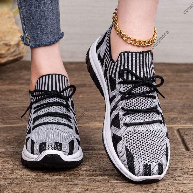 Tênis femininos de malha respi - Knit Fabric Lace Up Sneakers avaliação e preço