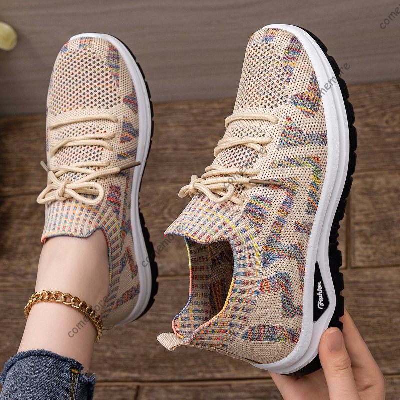 Tênis femininos de malha respi - Knit Fabric Lace Up Sneakers avaliação e preço
