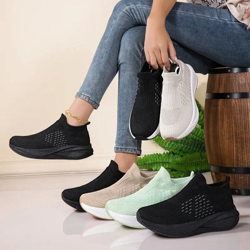 Tênis Unissex Slip-On Respiráv - Knit Fabric Lace Up Sneakers avaliação e preço