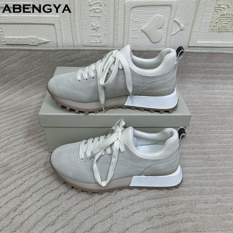 2025 branco de malha camurça p - Knit Fabric Lace Up Sneakers avaliação e preço